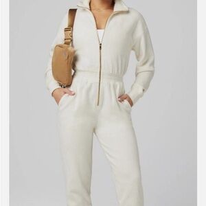 Fabletics Cream cozy zip Jumpsuit with pockets sz medium